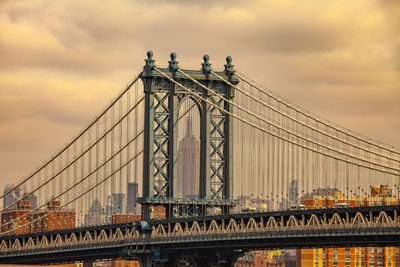 Low angle view of suspension bridge against sky during sunset