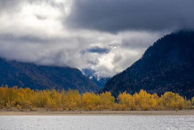 Scenic view of lake and mountains against sky