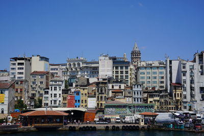 Buildings in city against clear blue sky