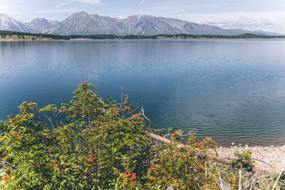Scenic view of lake by mountains against sky