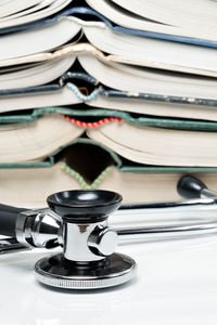 Close-up of stack of books on table