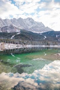 Scenic view of lake and mountains against sky