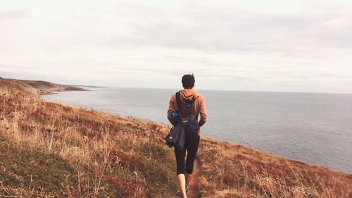 Rear view of man standing on shore against sky