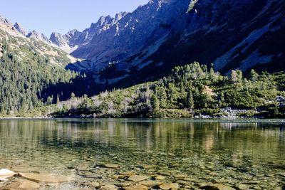 Scenic view of lake and mountains against sky