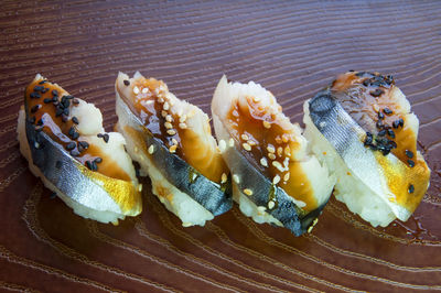 High angle view of fish in plate on table