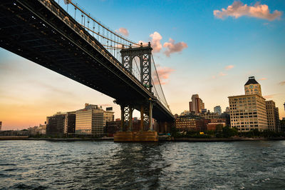 View of suspension bridge in city at sunset