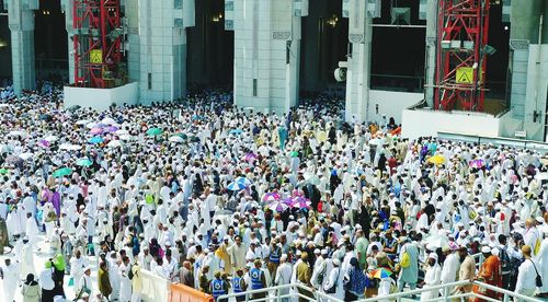Panoramic view of crowd in front of building