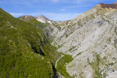 Aerial view of a road that crosses the apuan alps in tuscany