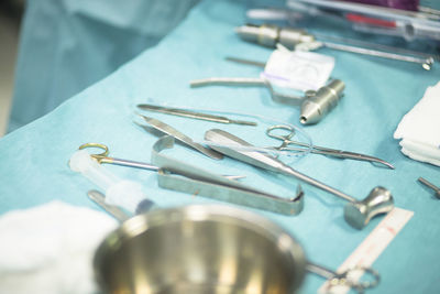 High angle view of objects on table