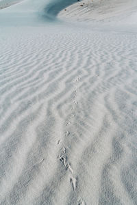 High angle view of footprints on sand at beach