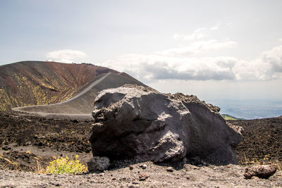 Rock formations on landscape against sky