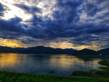 Scenic view of lake against dramatic sky