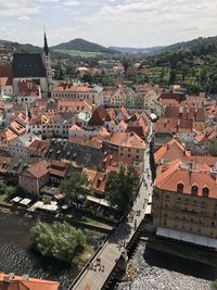 High angle view of townscape and trees in town