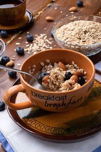 High angle view of breakfast on table