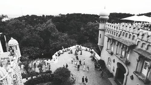 High angle view of people in front of building