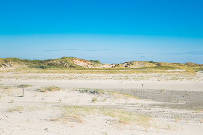 Scenic view of field against clear blue sky