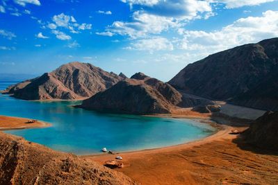 Scenic view of lake against cloudy sky