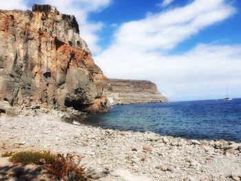 Rock formations by sea against sky