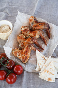 High angle view of food on table