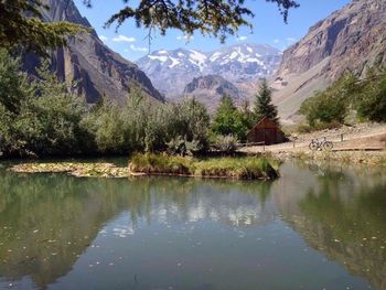 Scenic view of lake with mountains in background