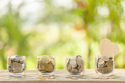 Close-up of coins on table