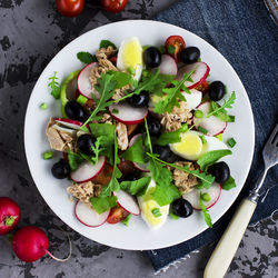 High angle view of salad served in plate on table