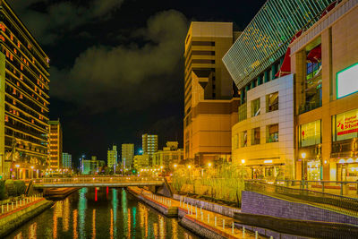 Illuminated buildings in city