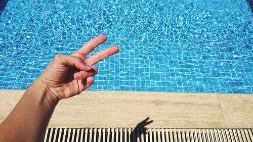 Close-up of hand feeding by swimming pool