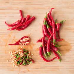 High angle view of red chili peppers on wooden table