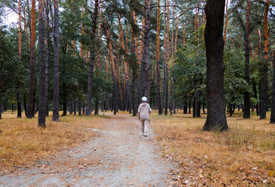 Rear view of people walking on field