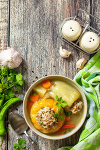 High angle view of soup in bowl on table