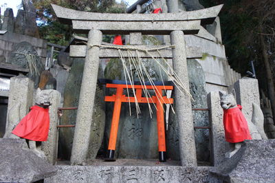 Red flags hanging outside temple