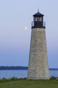 Lighthouse by sea against clear sky