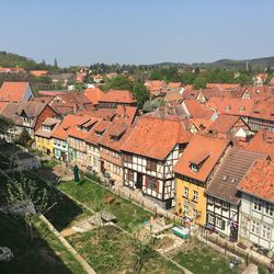 High angle view of townscape against clear sky