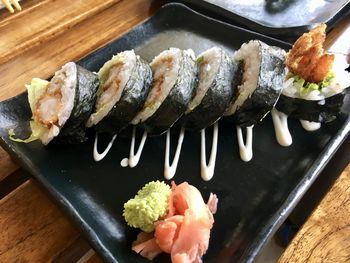 High angle view of sushi served on table