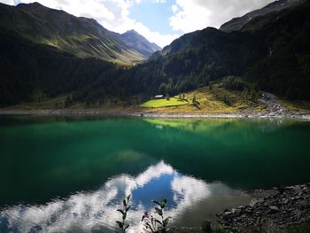 Scenic view of lake and mountains against sky