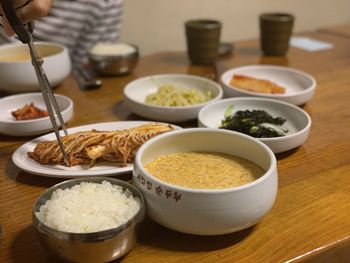 High angle view of meal served on table