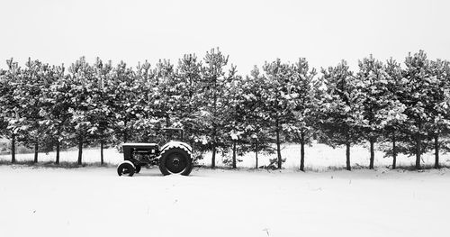 People on snow covered field against sky