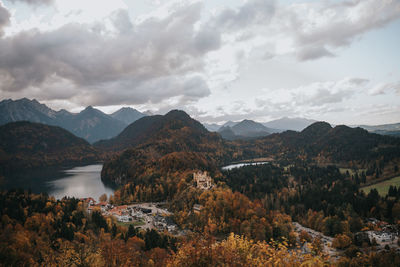 Scenic view of river by mountains against sky