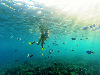 Young woman scuba diving undersea
