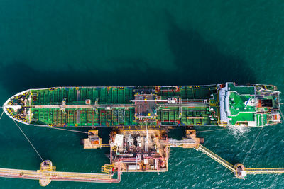 High angle view of ship moored at harbor