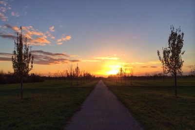 Pathway amidst grassy field against sky during sunset