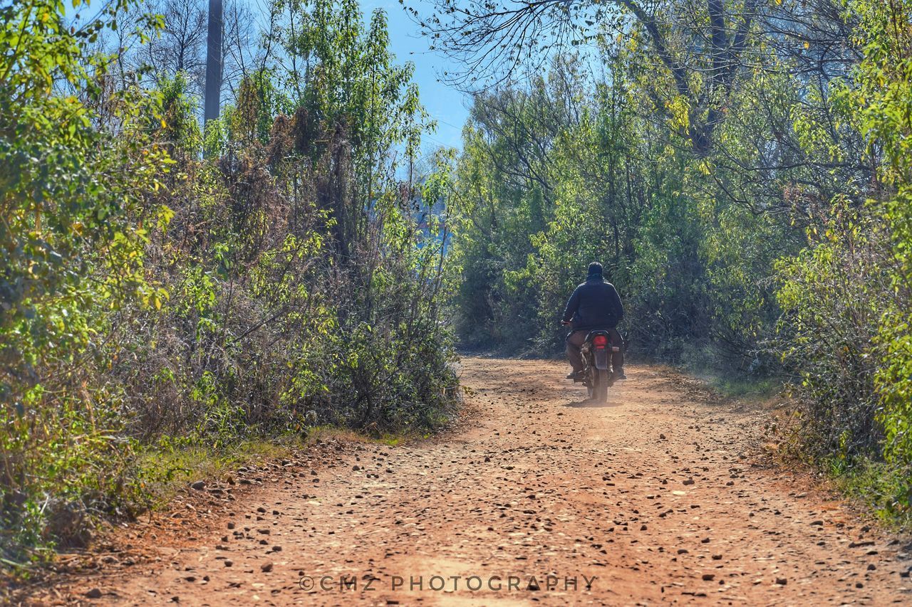 REAR VIEW OF MAN WALKING ON ROAD