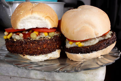 Close-up of burger on table