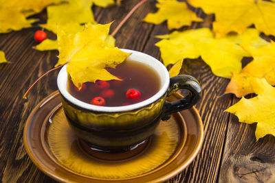 High angle view of yellow and coffee on table