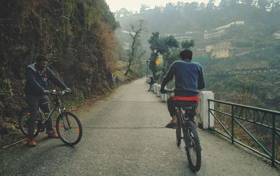 Rear view of man riding bicycle in forest