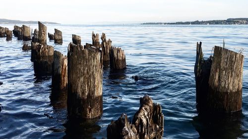 Wooden posts in sea against sky