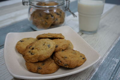 Close-up of cookies in plate on table