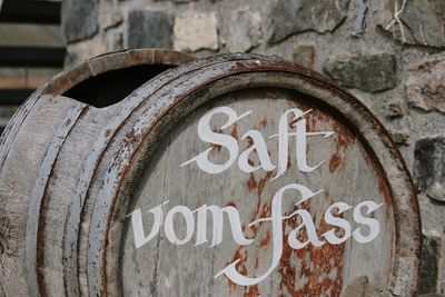 Close-up of text on brick wall