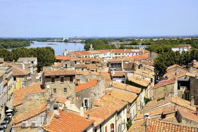 High angle view of cityscape against clear sky